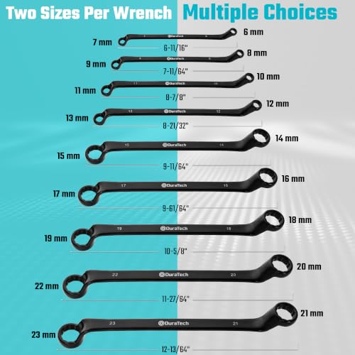 Image of DURATECH 9-Piece Offset Box Wrench Set, Metric, 6mm-23mm | Black Electrocoat, 75-Degree Offset, CR-V Steel, Corrosion Resistance, 9-Piece with 18 Sizes, With Pouch