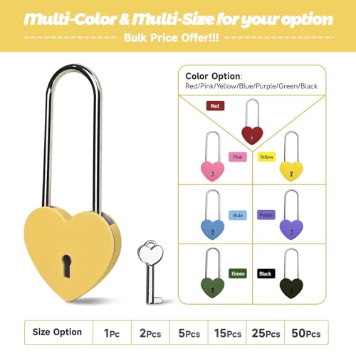 Image of Single Heart Lock with Key 3.5 Inches,50mm Love Padlock Rubber Painting Yellow Metal Love Lock for Lovelock Bridge,Card Box,Jewelry Box,Diary Book,Handbag