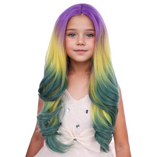 Image of PATTNIUM Mardi Gras Wig for Girls Kids Purple Yellow Green Ombre Wig Long Multi Color Wavy Curly Wigs Children Colorful Middle Part Synthetic Wigs