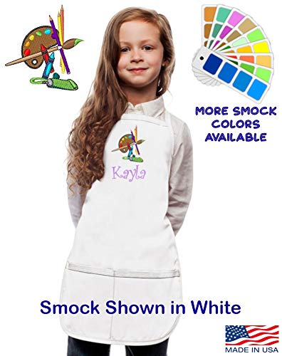 Personalized Royal Blue Kids Art Smock Apron With Palette Embroidery Design Poly/Cotton Twill Fabric Regular #TOP1