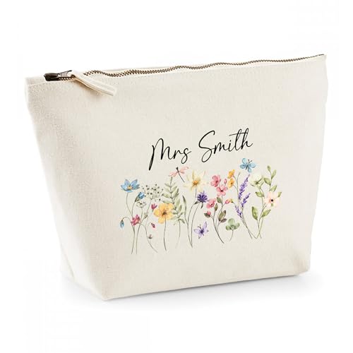 Personalised Teacher Gift – Custom Name Floral Pencil Case | Wildflower Zip Canvas Pouch for End of Term or Thank You Present | Nursery, SEN or School Staff Accessory Bag