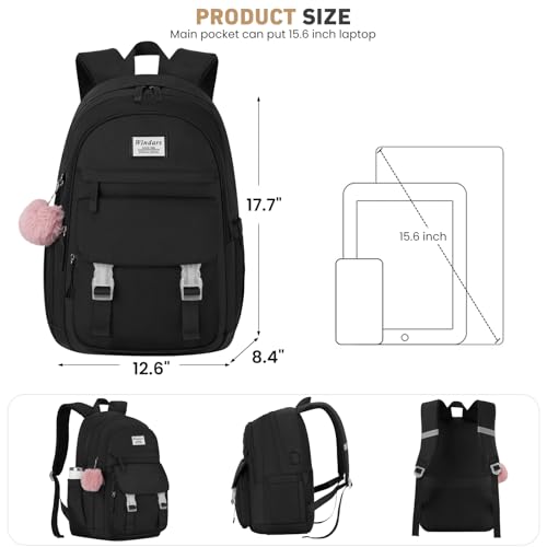 Image of WINDARS School Backpack with Lunch Box for Teen Girls, Cute College Backpacks for Women Students Aesthetic Bookbag Large 15.6 Inch Laptop Bag Middle School Travel Back Pack (Black-3 Pcs)