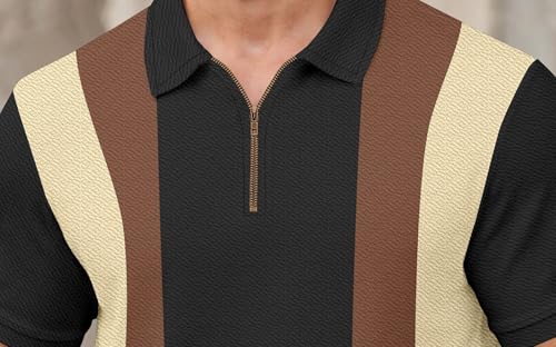 Image of Avix Men's Vertical Striped Polo Shirt with Half Zipper, Short Sleeve Collared T-Shirt Color Block Design