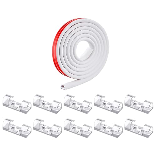 Vauki Canaleta flexible para cables de 3 m, color blanco, autoadhesiva, de goma blanda de PVC para suelo y pared, 10 abrazaderas de plástico transparente, organizador de cables de doble deslizamiento