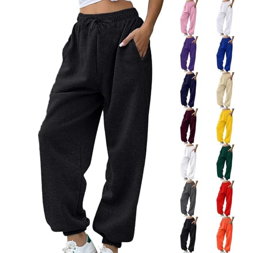 Image of Couawaticy Trousers for Women UK Y2K Drawstring Sweatpants with Pockets Petite Joggers Women Wide Leg Trousers Ladies Travel Pants Elastic High Waist Casual Pants Black XXL