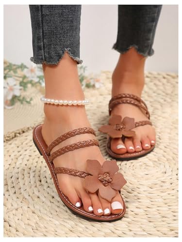 GORGLITTER Women's Flower Strappy Flat Sandals Toe Ring Braided Open Toe Summer Thong Sandals Flip Flops 20253
