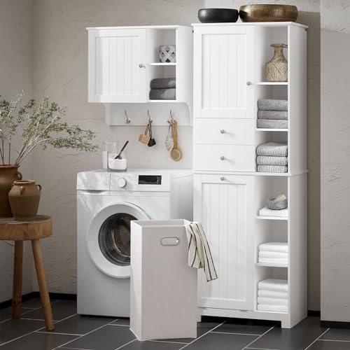 SoBuy Mueble Baño con Cesto para Ropa Sucia Armario Baño Columna Estrecho Alto Mueble Auxiliar con 6 Estantes y 2 CajonesBlanco 60x37x171 cm BZR104-W - imagen 2