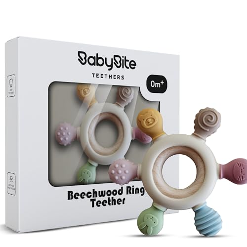 [BabyBite] Baby Teething Toys Silicone and Beechwood Baby Teether Ring for Sensory and Developmental Play for Baby and Toddler 100% BPA Free Food Grade Silicone for 0M+