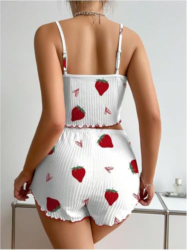UNIQUEONE Cute Pajamas for Women Strawberry Print PJ Set Crop Cami Tops and Shorts Set 2 Piece Lounge Sets3