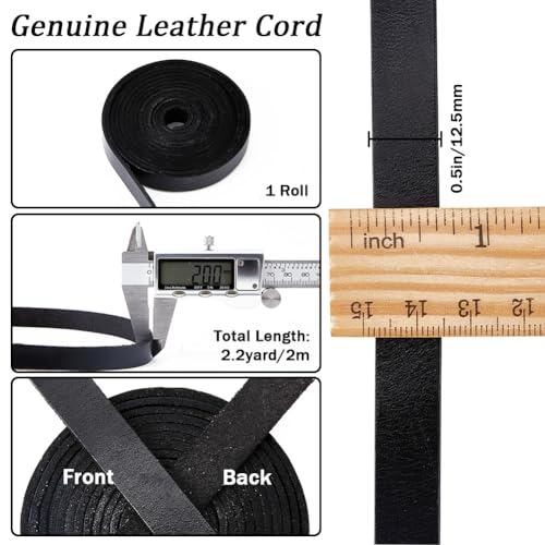 GORGECRAFT Black Leather Strips 12.5mm x 2m Full Grain Buffalo Leather Strap Genuine Cowhide Cord Braiding Thread Rope for Bracelets Necklace Jewelry Making Boot Lace Guitar Belts DIY Crafts - Image 2