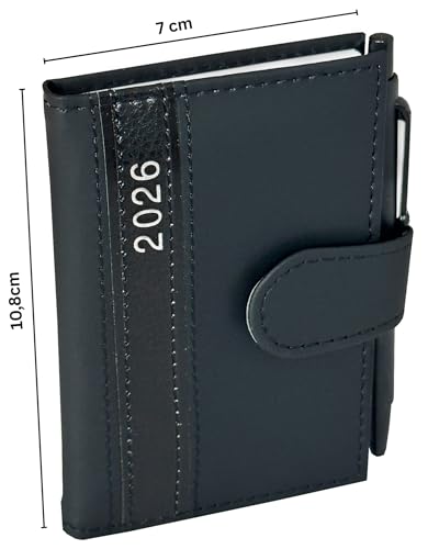 Calendario de bolsillo 2025 A7 con bolígrafo y soporte con aspecto de cuero fino, agenda 2025 con bolígrafo incluyendo calendario anual y vista semanal (negro) - imagen 4