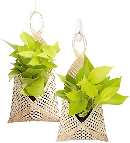 POWERLAP PRO 2 Pack Woven Basket Handmade - Plant Basket - Hanging Basket for Plant Pot Cover and Storage - Bamboo Basket Small Natural Bamboo Woven Basket Weave Hanging Planters