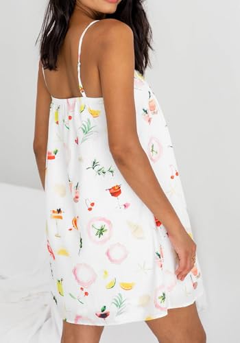 Image of NUFIWI Women Boho Graffiti Cami Mini Dress Spaghetti Strap Printed A Line Short Dress Backless Cut Out Colorful Sundress