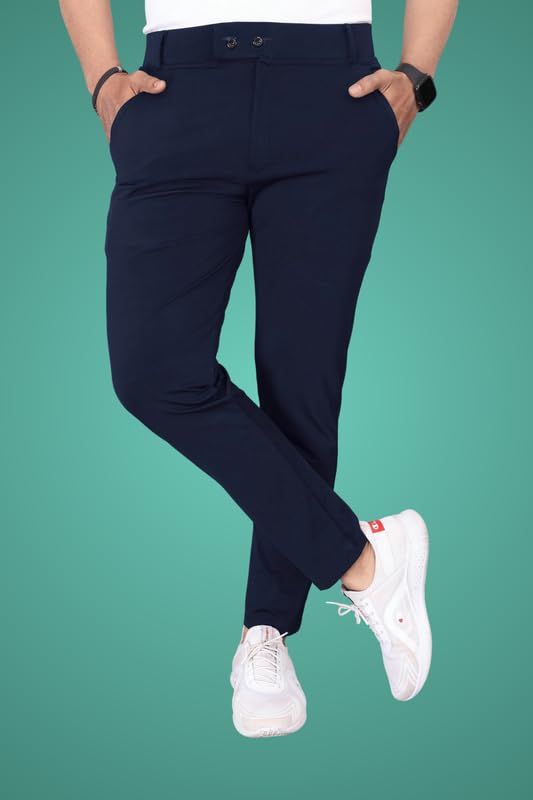 Image of Men Fit Stretch Trousers with Side Pockets | 2-Button Closure | Soft Lycra Blend for Casual & Formal Use