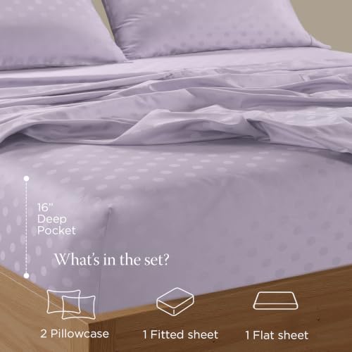 Image of Threadmill Cotton King Sheet Set, Sateen, Damask, Lilac, 4-Piece | 100% Cotton, Sateen Weave, Damask Pattern, 4-Piece Set, Breathable, All-Season, Lightweight, OEKO-TEX Certified