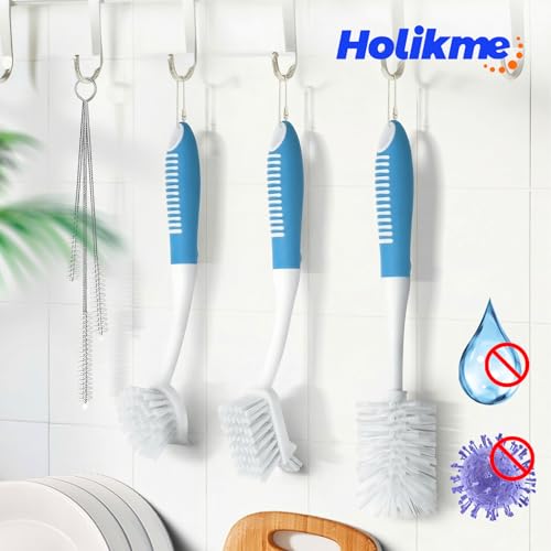Image of Holikme 6 Pack Dish Brush Set with Bottle Brush, Dish Scrub Brush, Pan Brush and 3 Straw Brushes, Deep Cleaning Handle Brush with Scraper Tip for Kitchen Sink Dishes Bottle Cup Pot and Pans (Azul)