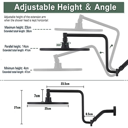 10\" High Pressure Rainfall Shower Head with Handheld Combo, Upgrade 12\" Extension Arm Height Adjustable, Powerful Shower Head, Brass Shower Holder Extra Long Shower Hose, Matte Black - Thumbnail 2