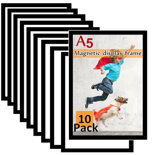 Gocoffun A5 Magnetic Picture Frame, 10 PCS Self Adhesive Magnetic Sign Holder, Magnetic Photo Frame for Photos, Notice, Picture Display Frame,Home Wall Office Decor (Black)