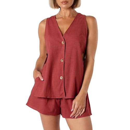 Vest Sets Women 2 Piece Outfits Cotton Summer Suits Button Down Vest Mini Shorts Business Casual Sets Formal Wear