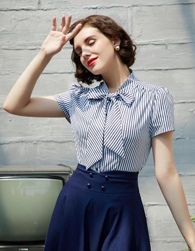 Image of Belle Poque Summer Short Sleeve Office Button Down Blouse Stripe Shirt Tops with Bow Tie BP573