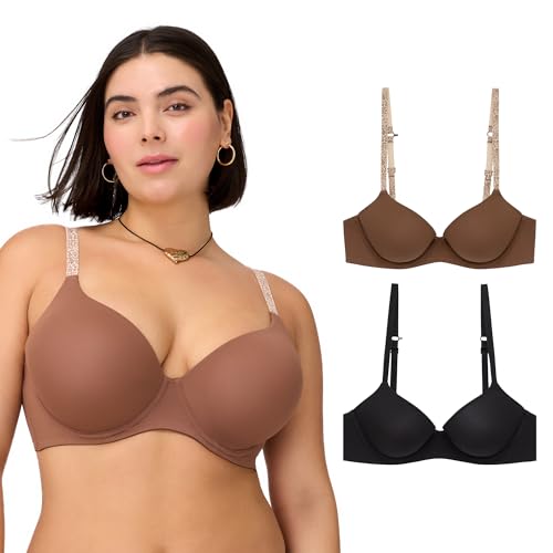 BLAKE & CO. 2 Pack Junior's Micro and Lace Underwire T-Shirt Bra with Adjustable Straps, Black and Brown, 34B