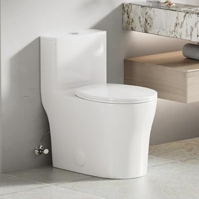 Compact One Piece Toilet, Powerful Dual Flush 0.8/1.28 GPF Small Toilets for Bathrooms, Comfort Seat Height with Quiet Soft Close Round Seat,12" Rough-in,Space Saving,White