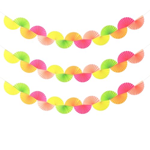 Image of 3 Pack Neon Paper Fans Garland 15.6ft Colorful Background Ceiling Hanging Decorations Paper Garland Decorations Set for Birthday Neon Party Supplies 3D Bachelorette Party Decoration(Bright)