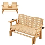 HOMREST Outdoor Glider Bench, Oversized Glider Bench with Foldable Seatback, Wooden Patio Glider Loveseat with High Back, Cupholders, Heavy Duty 800LBS Suitable for 3 Persons, Natural