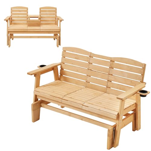 HOMREST Outdoor Glider Bench Oversized Glider Bench with Foldable Seatback Wooden Patio Glider Loveseat with High Back Cupholders Heavy Duty 800LBS Suitable for 3 Persons Natural