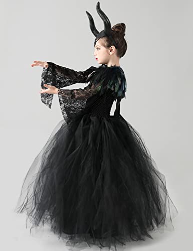 Joukavor Halloween Witch Costume For Girls Maleficent Horns Headband Black Tulle Dresses Feather Cape Devil Outfit For Kids (Black,3-4T) #TOP2