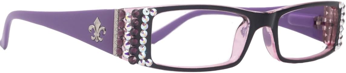NY FIFTH AVENUE The French, Fleur De Lis, Rectangular Bling Women Reading Glasses Adorned with Amethyst + AB (Aurora Borealis) Genuine European Crystals, Amethyst Purple