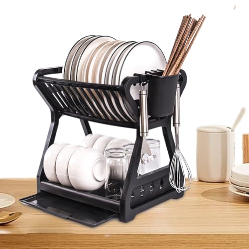 Escurridor de platos de 2 niveles, 12.2 x 9.45 x 12.99 pulgadas, escurridor de platos que ahorra espacio con bandeja de goteo extraíble, soporte para utensilios para cucharas, tenedores, cuencos y