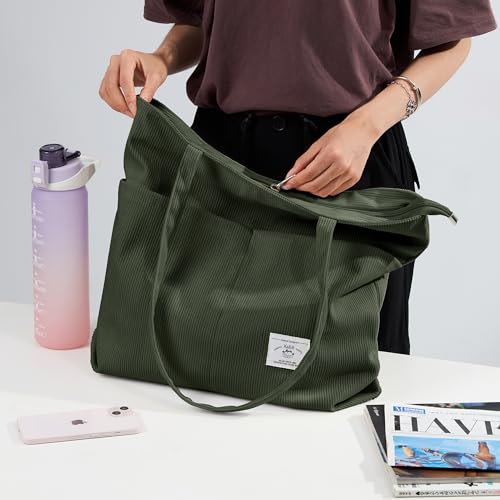 Image of KALIDI Women Corduroy Tote Bag Zipper Casual Tote's Handbag Big Capacity Shoulder Bag with Pockets