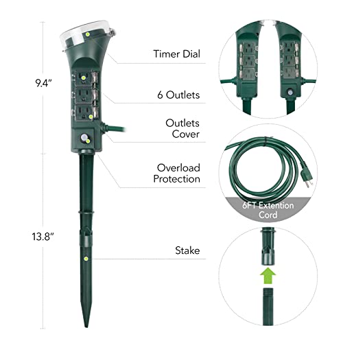 Bn-Link Outdoor Power Strip Yard Stake Timer(W Remote Control) With Photocell Dusk Till Dawn, Or On At Dusk & 2, 4, 6, 8 Hour Countdown, 6 Grounded Outlets 6 Ft Cord Weatherproof 1875W/15A Etl Listed #TOP4