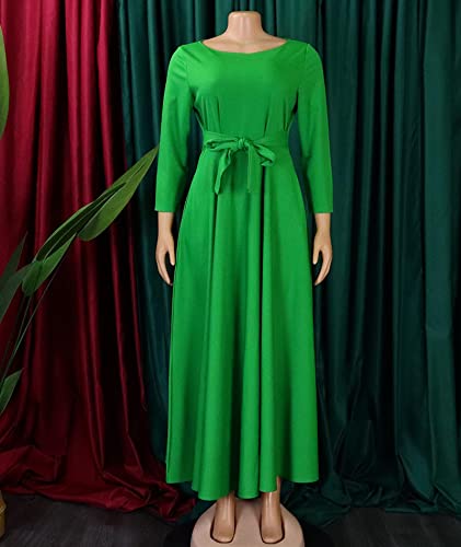 Image of SEMATOMALA Women's A Line Self Tie Waist Maxi Dress Round Neck Long Sleeve High Waist Plus Size Swing Flare Long Dresses