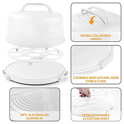 Hoya Ponyoo Portable Cake Carrier With Handle, Round Cupcake Holder With Lid, Plastic Storage Container Box Fit 10 Inch Cake, 3-Locking Muffin And Pies Keeper With Cover (White) #TOP2