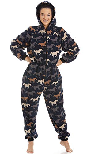 Camille Womens Super Soft Fleece Hooded Various Print All In One Onesies 14-16 Navy Horse