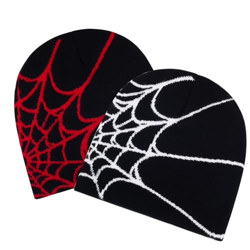 Geyanuo Y2k Beanie Hat Unisex Winter Warm Beanie for Women Mens Knitted Skull Spider Letter Slouchy Warm Hat White-red