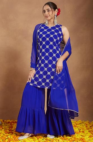 Image of Janasya Women's Royal Blue Georgette Zari Embroidered Straight Kurta with Sharara & Dupatta Set