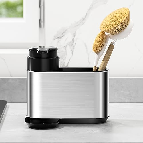 OriwarE Kitchen Sink Caddy with Soap Dispenser Pump Stainless Steel, Storage for Scrubbers, Sponges, Brushes,Sliver & Black