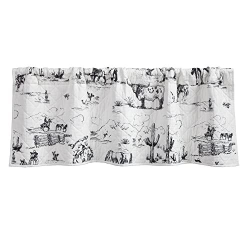 Paseo Road By Hiend Accents | Ranch Life White And Black Cowboy Cow Longhorn Horse Print, Reversible Quilted Window Curtain Valance, 18X56 Inch, Rod Pocket, Western Rustic Farmhouse Style #TOP26