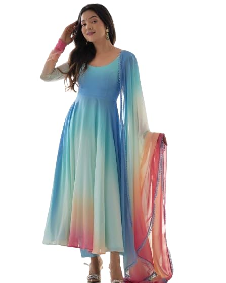Image of Dhrumi Collection Women's Designer Multi Color Anarkali Kurta Pant Set with Dupatta | Anarkali V Neck Full Sleeve Kurti Ethnic Wear Gown Set
