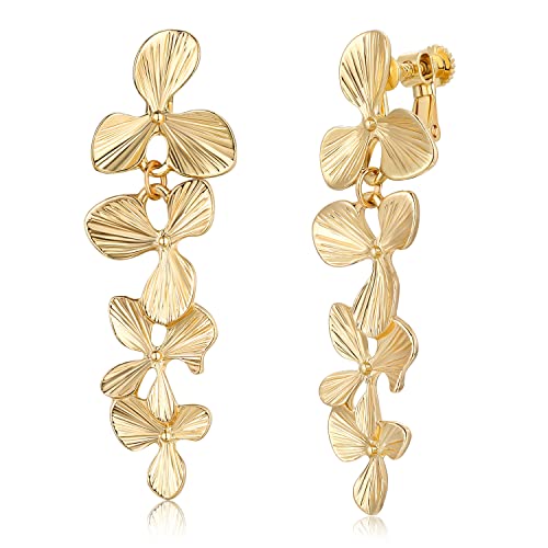 LAXPICOL Gold Clip On Earrings Flower Dangle Drop Earrings For Women No Piercing Flower Earrings