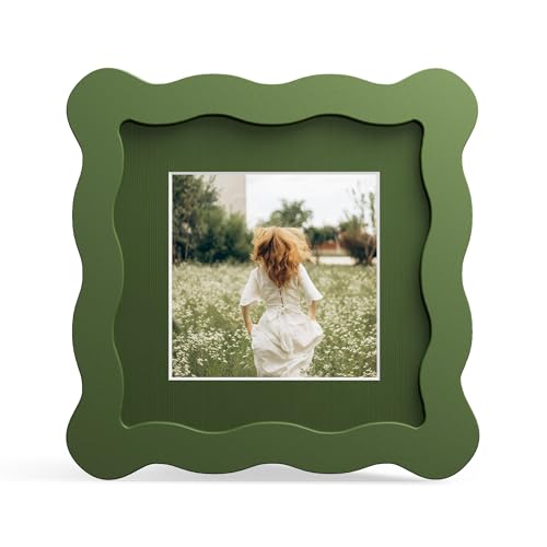 THKRLOF 4x4 Picture Frame with Mat for 3x3 Wavy Edge Wooden Real Glass Photo Frame for Tabletop and Wall Hanging Green 1 Pack