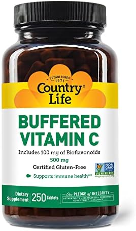 Country Life Buffered Vitamin C 500mg with Bioflavonoids & Rose Hips - Natural Antioxidant Protection & Immune System Health Support - Non-GMO, Gluten-Free, Vegan - 250 Tablets