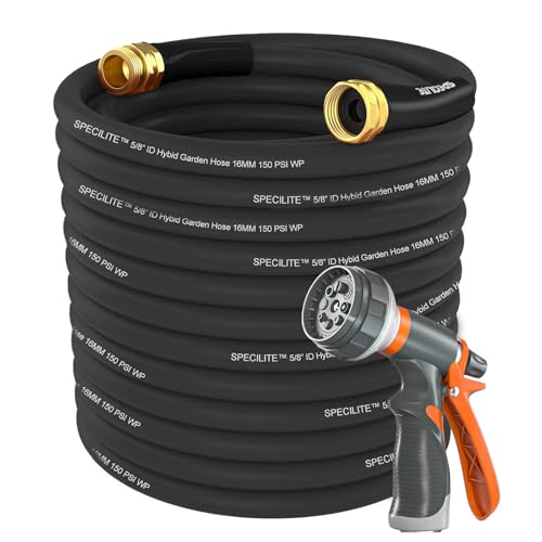 SPECILITE Garden Water Hose 200 ft x 5/8 in Heavy Duty, Flexible and Lightweight, Burst 600 psi, Kink-less Hybrid Rubber Pipe for Backyard, 3/4'' Brass Fittings, Black