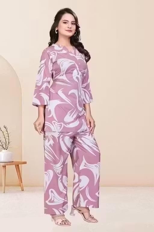 Printed Co-Ord Set for Women with Long Sleeves Comfortable Crepe Top and Matching Bottom Outfit-image-17