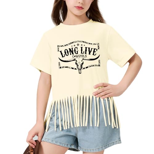 Image of Wrenpies Girls Western Fringe Shirt Long Live Cowgirls Country Rodeo Shirts Kids Cow Skull Graphic Tees Tassel Fringe Tops