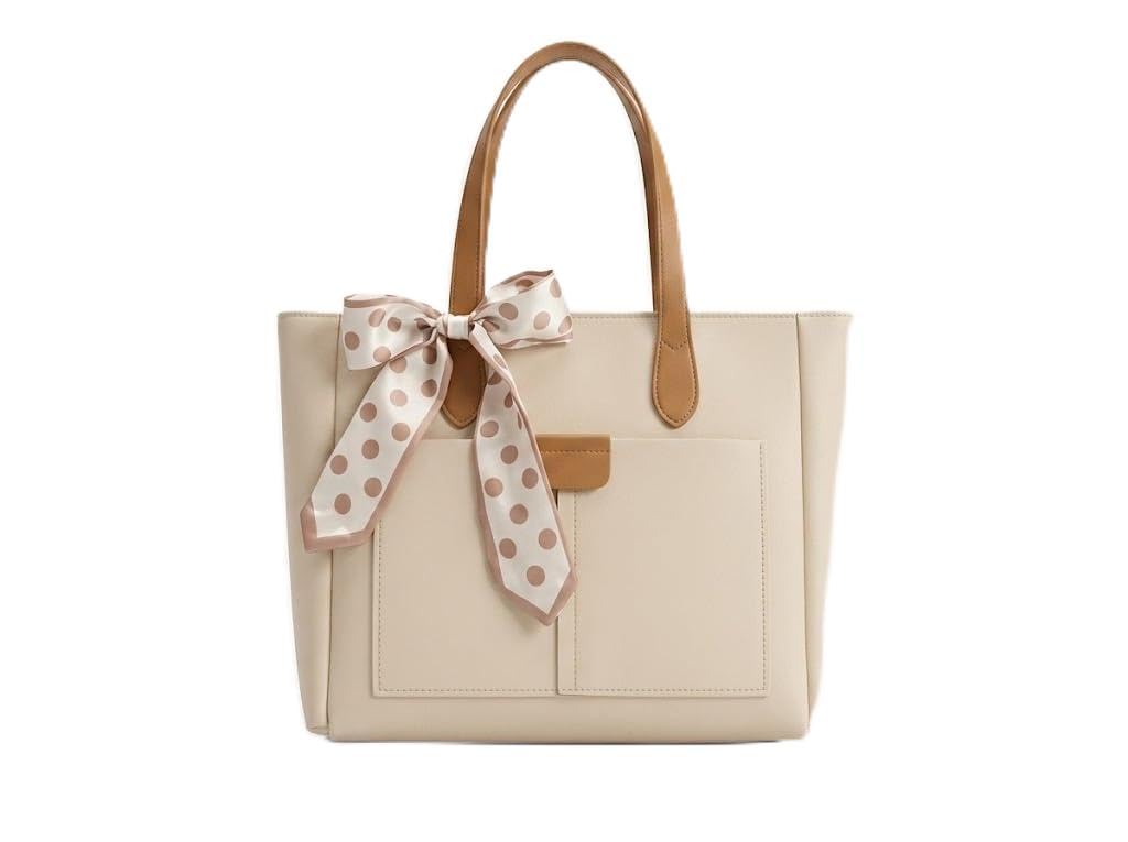 PAVILONN Women Tote Bag PU Leather Handbag Beige | Ladies Shoulder Bag for Women Office College | Large Designer Handbag with Bow Detail, Stylish Daily Use Fashion Bag-image-8