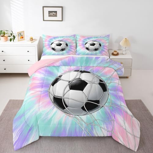 Image of Feelyou Football Comforter Set Full Size Soccer Bedding Set for Kids Boys Girls Watercolor Tie Dye Duvet Quilt Sports Bedroom Decor Microfiber 3 Pcs with 2 Pillow Cases